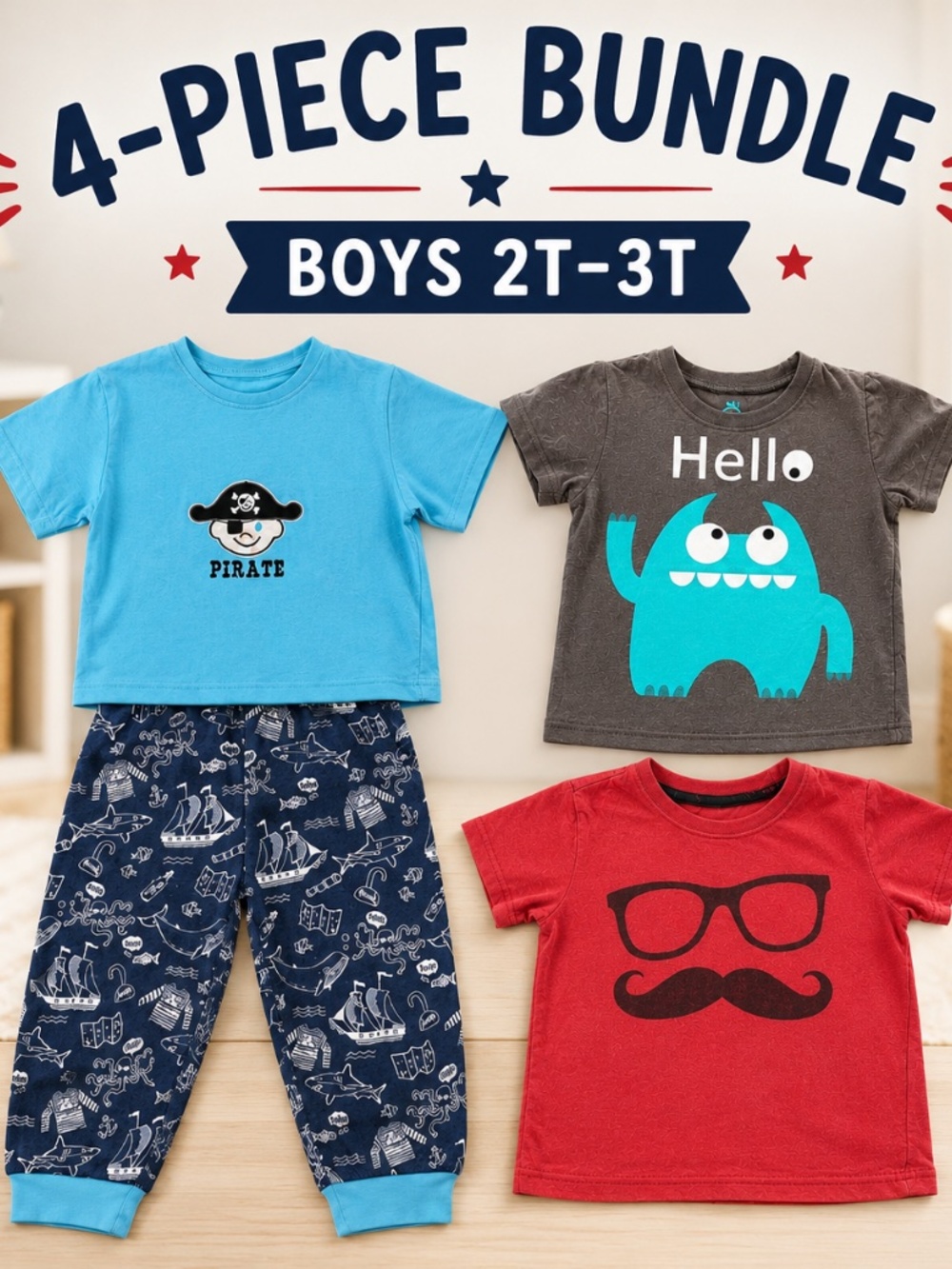 Boys 2T–3T 4-Piece Clothing Bundle – Pirate Pajamas + Graphic T-Shirts